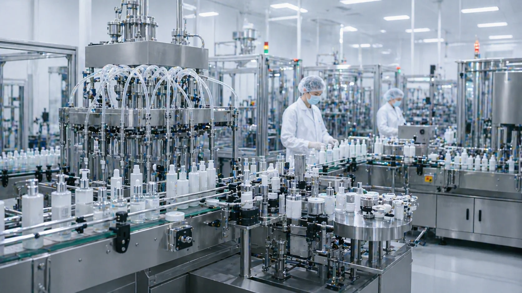 Automated pharmaceutical production line with workers in protective gear, overseeing machinery and conveyor belts filled with bottles in a sterile environment.